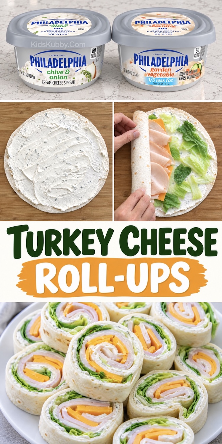How to make easy cream cheese roll ups with turkey and cheddar cheese. A simple cold lunch box idea for kids or fast lunch to bring to work. Customize this quick meal with your favorite deli meat and cheese.