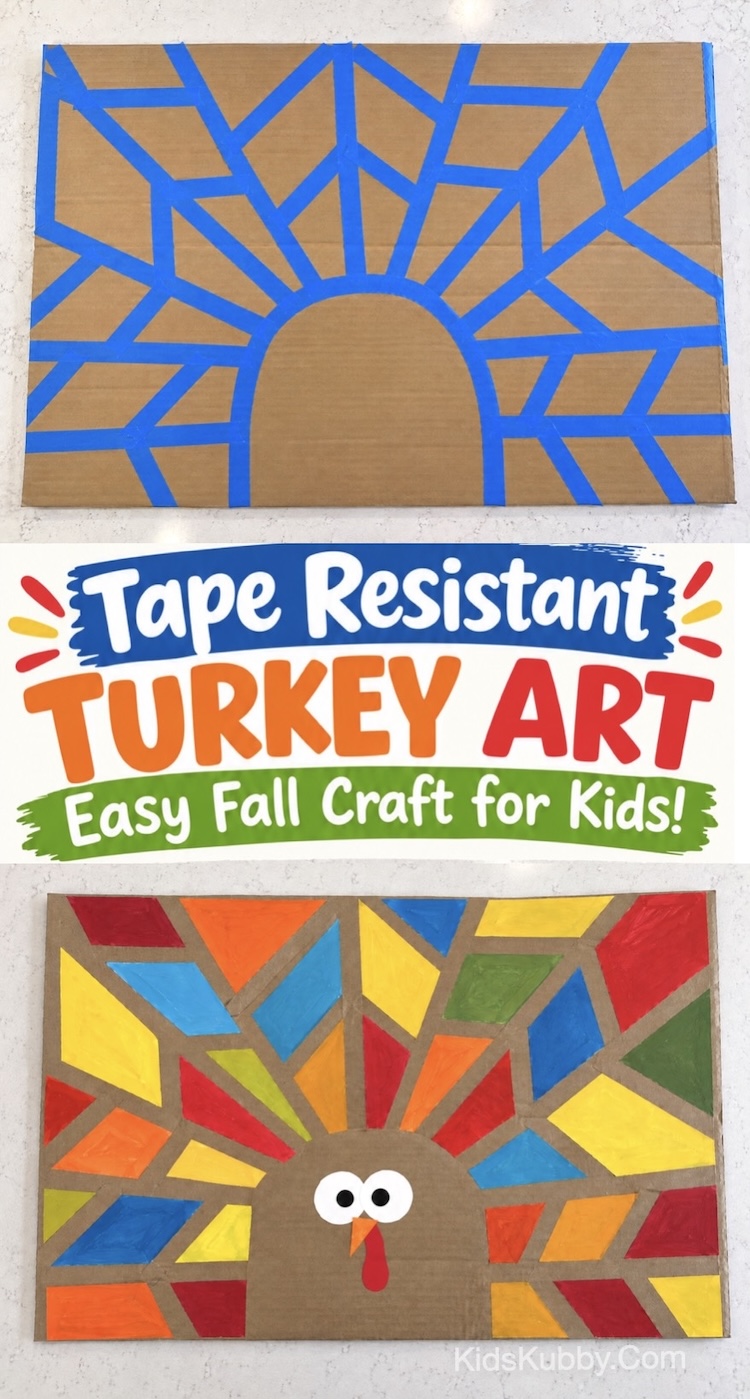 This easy fall craft is great for kids of all ages! Start with a piece of recycled cardboard and make a simple turkey design with feathers using painters tape. Then let the kids stay busy painting each section to eventually reveal and super colorful craft for Thanksgiving.