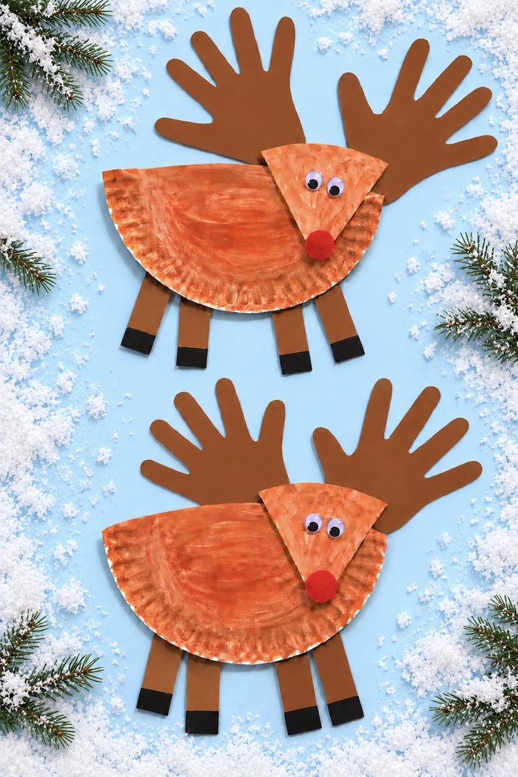 The cutest reindeer craft for Christmas made with paper plates, construction paper, googly eyes, and a red pompom for Rudolph's nose. Full step by step craft tutorial included. This holiday craft is perfect for preschoolers to make at home on a rainy day.