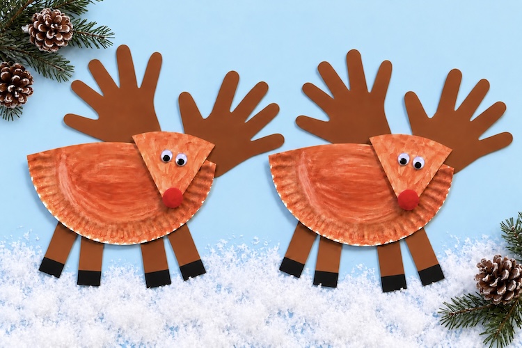 How to make cute reindeer for Christmas like Rudolph with a red pom-pom nose. This easy Christmas craft for kids is made with cheap supplies including paper plates and construction paper.