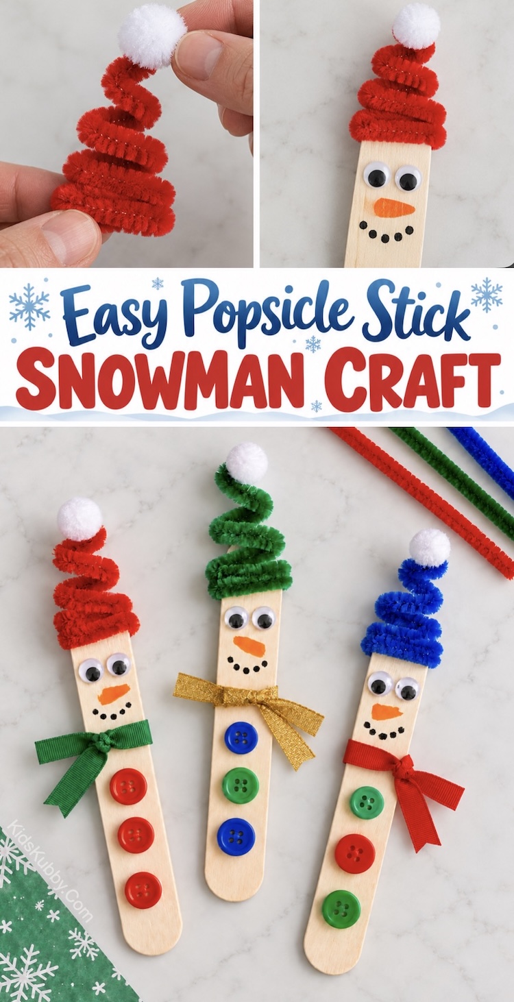 DIY Craft Tutorial: How to make cute popsicle stick snowmen with fuzzy pipe cleaner hats! An easy holiday craft for kids to make at home. Turn them into ornaments for the Christmas tree or just use them as a fun trinket to play with.
