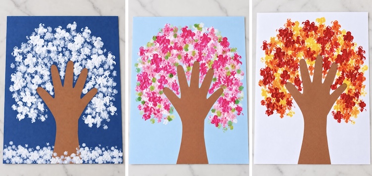 How to make fun and easy tree art for kids with a handprint tree trunk and branches. Kids then use q-tip cotton swabs as their paintbrush to dab on fun colored leaves for any season.