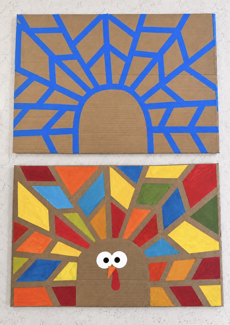 Tape Resistant Turkey Art is an easy Autumn craft for kids to make at home with cheap supplies including cardboard and painter's tape. A fun fall art project for preschoolers and older kids!