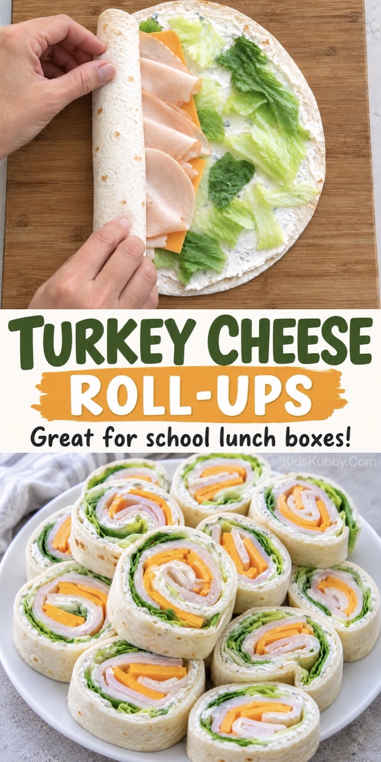 Turkey and cheese rollups recipe with cream cheese! An easy cold lunch idea that's quick to make. Kids love them in their school lunch boxes, a nice change from regular sandwiches.