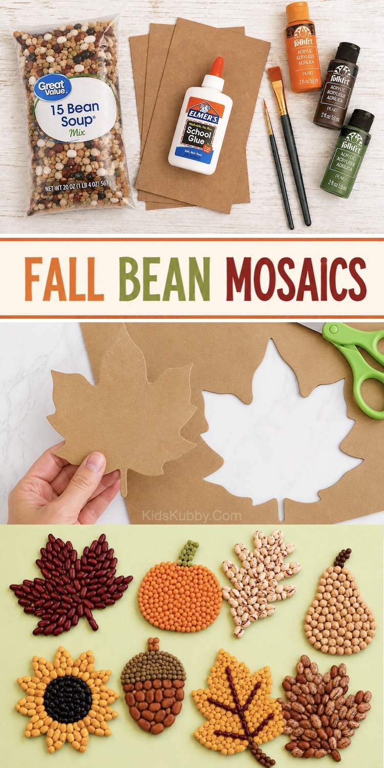 How to make bean mosaic art for fall with lots of ideas and helpful tips. A fun craft for kids to make for Thanksgiving or Halloween. Cheap and easy to make with recycled cardboard, dried beans, and glue. 