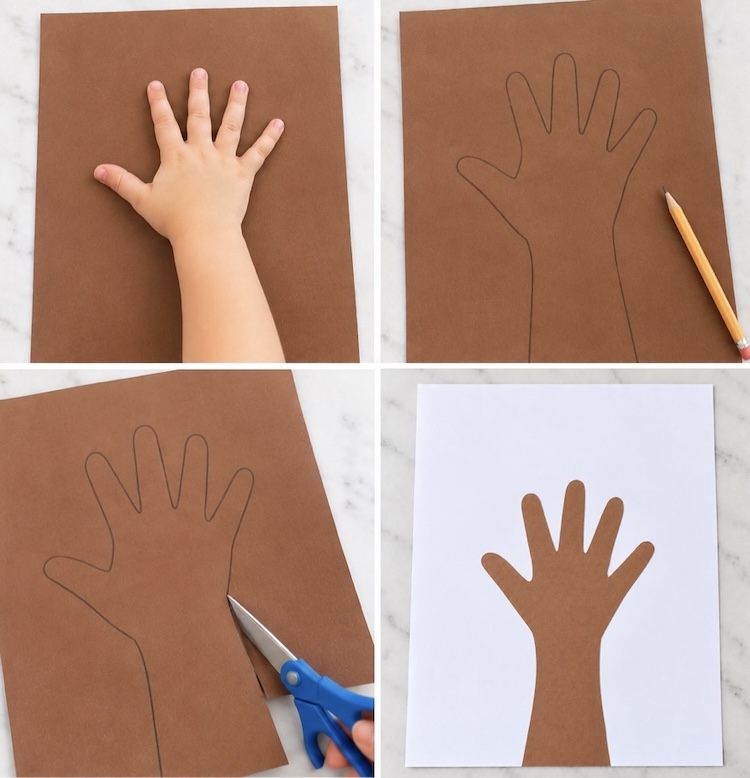 Tracing a hand on brown construction paper to make a tree trunk with branches for an easy kids art activity.