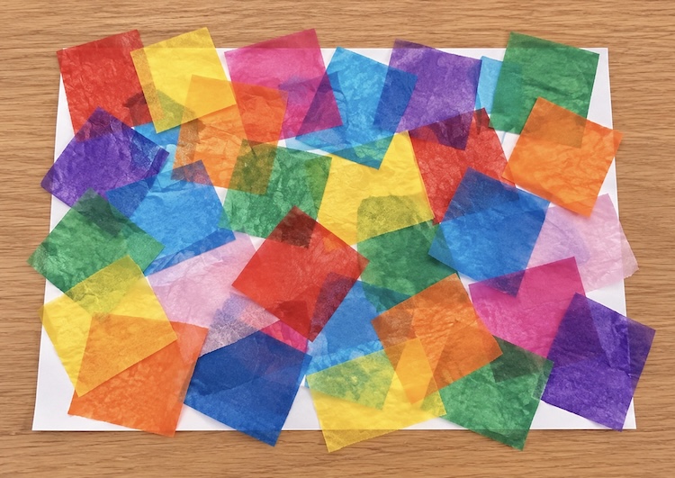 Tissue paper squares on white cardstock.