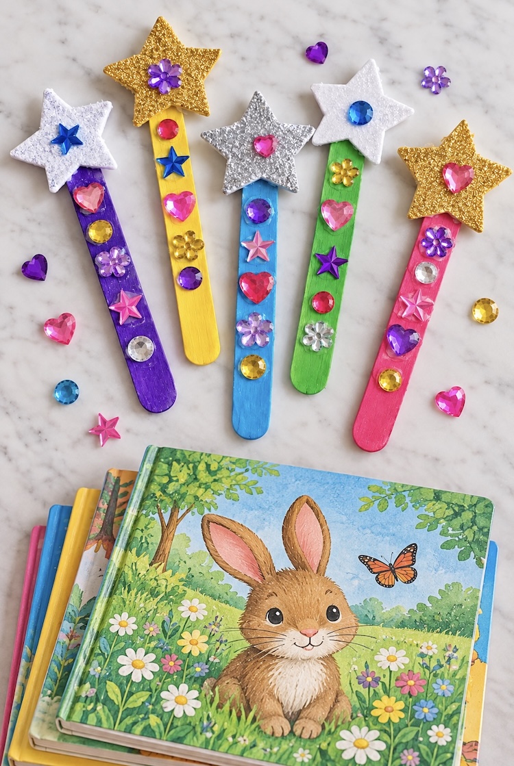 Easy DIY popsicle stick craft for kids. How to make magic wand reading pointers for younger children to help get them excited about reading and following along in a book.