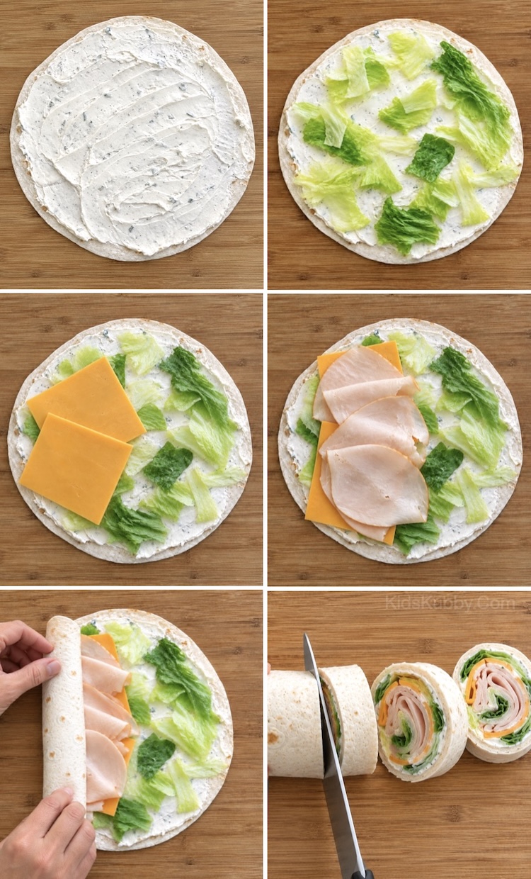 Step-by-Step Recipe: How to make turkey cheese pinwheel rolll ups with flavored cream cheese. An easy quick cold lunch idea your kids will love at home or in their lunchbox!