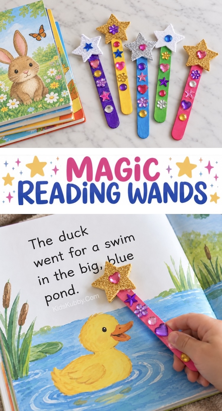 How to make magic reading wands for kids using craft sticks and foam stickers. A super easy and low mess craft for kids to make at home that also helps them learn to read in a fun and exciting way!