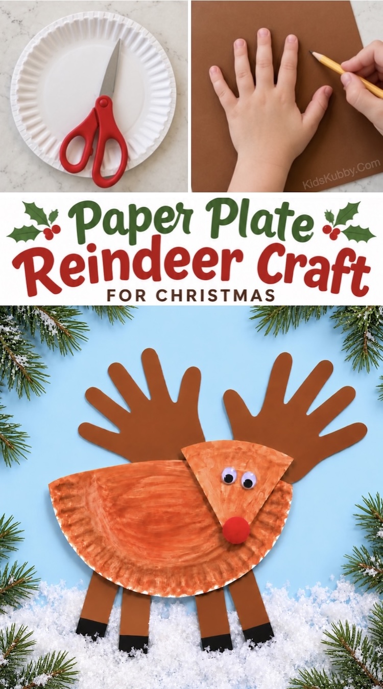 How to make Christmas reindeer with paper plates and cute handprint antlers cut out of construction paper! This easy Christmas craft is perfect for preschool age kids ages 3 and up. It's also made with cheap and common supplies, so no craft shopping required.