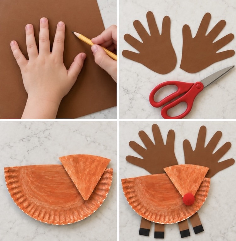 Step two of making paper plate reindeer, tracing a child's hand onto construction paper and cutting them out to make the antlers.