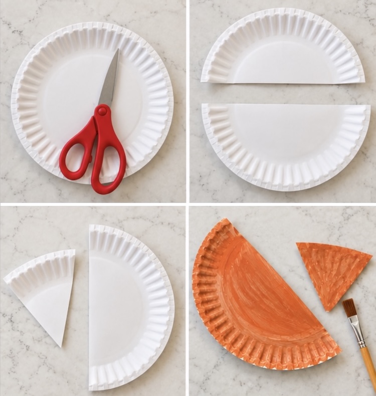 Step one of making paper plate reindeer, cutting the paper plate into two shapes and then painting it.