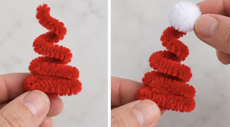 How to make a snowman hat with a fuzzy pipe cleaner and small white pom-pom.