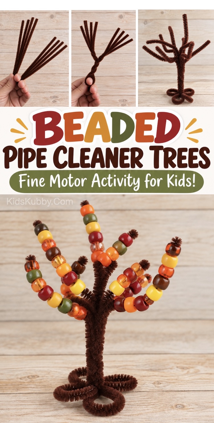 Easy DIY step by step craft tutorial. How to make pipe cleaner trees for preschoolers to practice threading pony beads onto. Play based learning! This fun rainy day activity is great for kids ages 2-5 years old and helps with fine motor skills, color recognition, and counting skills.