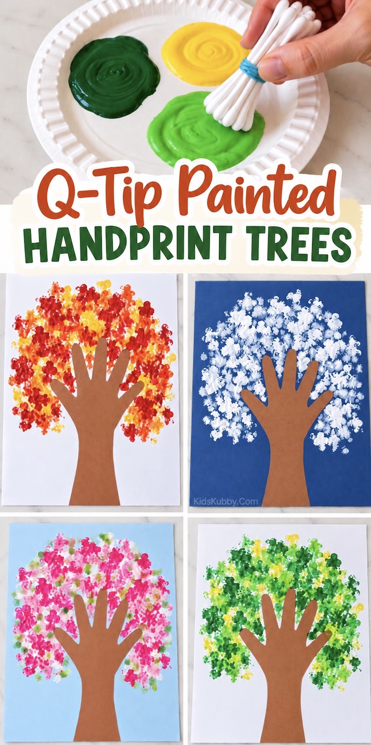 Easy art project for preschoolers and older kids. How to make q-tip painted trees with a construction paper tree trunk made out of a handprint. This fun and easy craft creates impressive art with no skills required. You can make the tree for any season including, summer, winter, spring, or fall!
