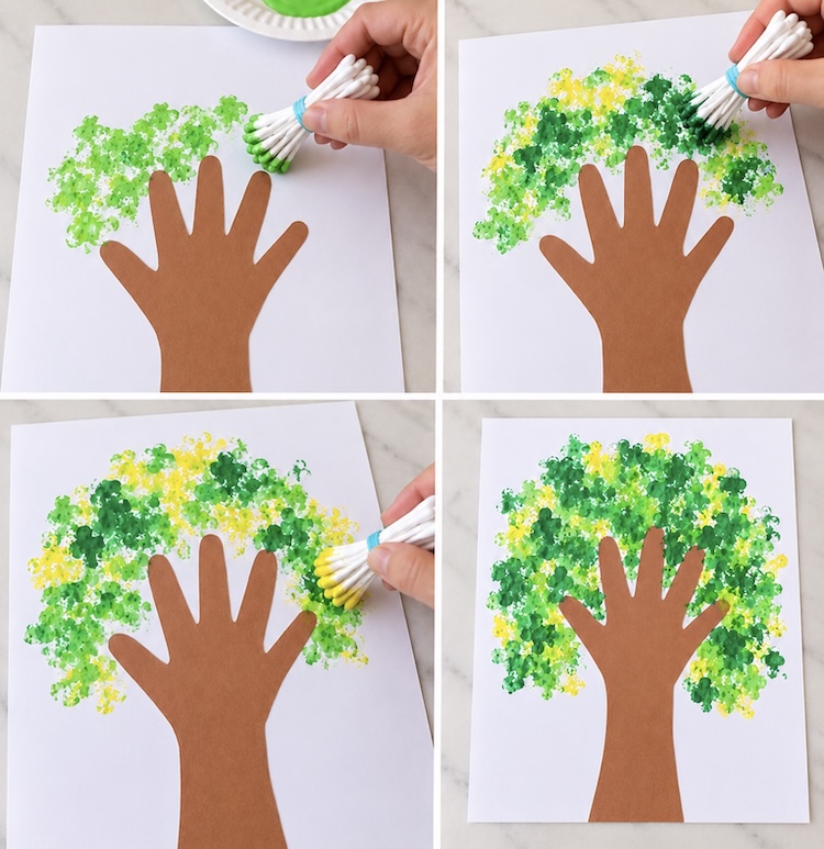 Making a handprint tree with q-tip painted leaves.