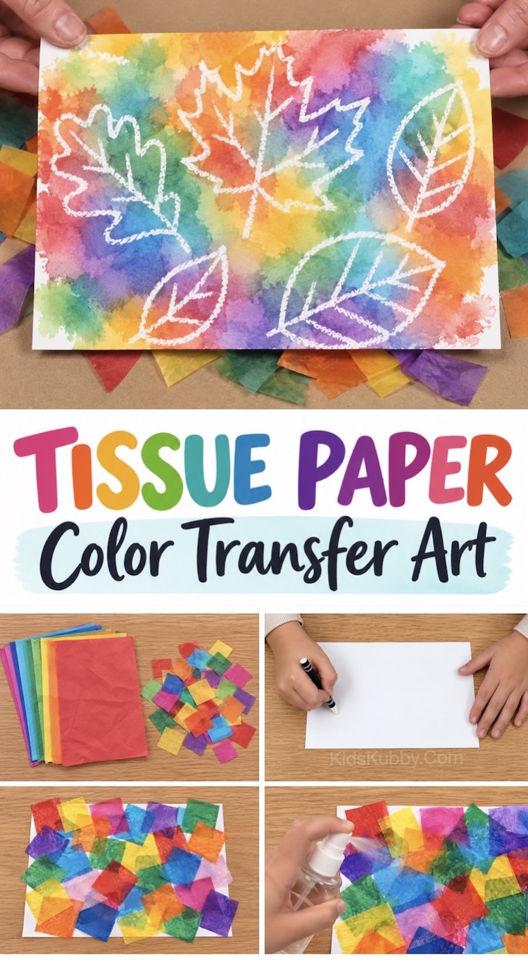 Colorful tissue paper art project using a white crayon and spray bottle. The tissue paper colors bleed onto the cardstock paper when wet creating fun pieces of abstract art. Use a crayon to resist the colors to make all sorts of fun designs such as leaves or flowers. A fun craft for kids of all ages!