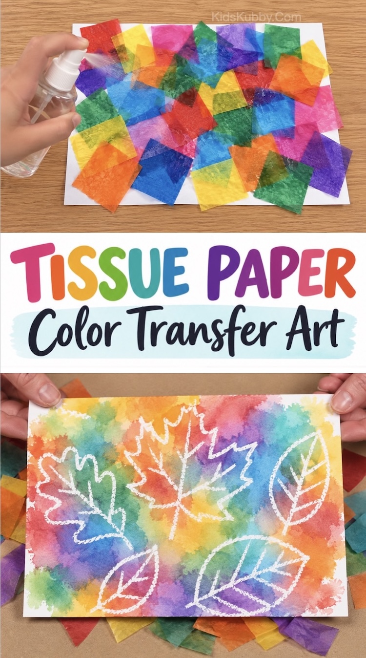 How to make color transfer tissue paper art with step by step instructions! This fun craft tutorial for kids is easy to make with cheap supplies including cardstock paper, bleeding tissue paper, a white crayon, and a water bottle.
