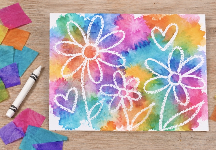 Fun low mess art project for kids using bleeding tissue paper and a white crayon.