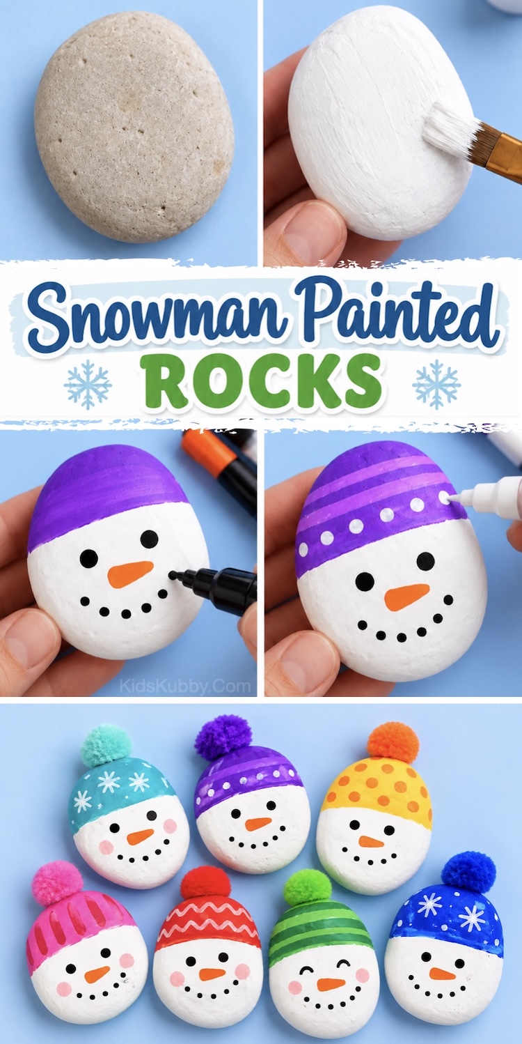 DIY Snowman Craft Tutorial. How to make the cutest Christmas craft for kids with step by step instructions. These little snowman rocks are simple to make with smooth rocks, paint, and a fluffy pom-pom for his cute little hat. An easy kids craft for winter break!