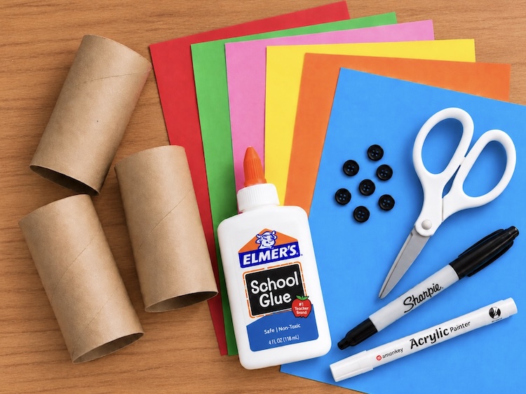 Toilet paper roll tubes, colorful construction paper, glue, buttons, scissors, and markers.
