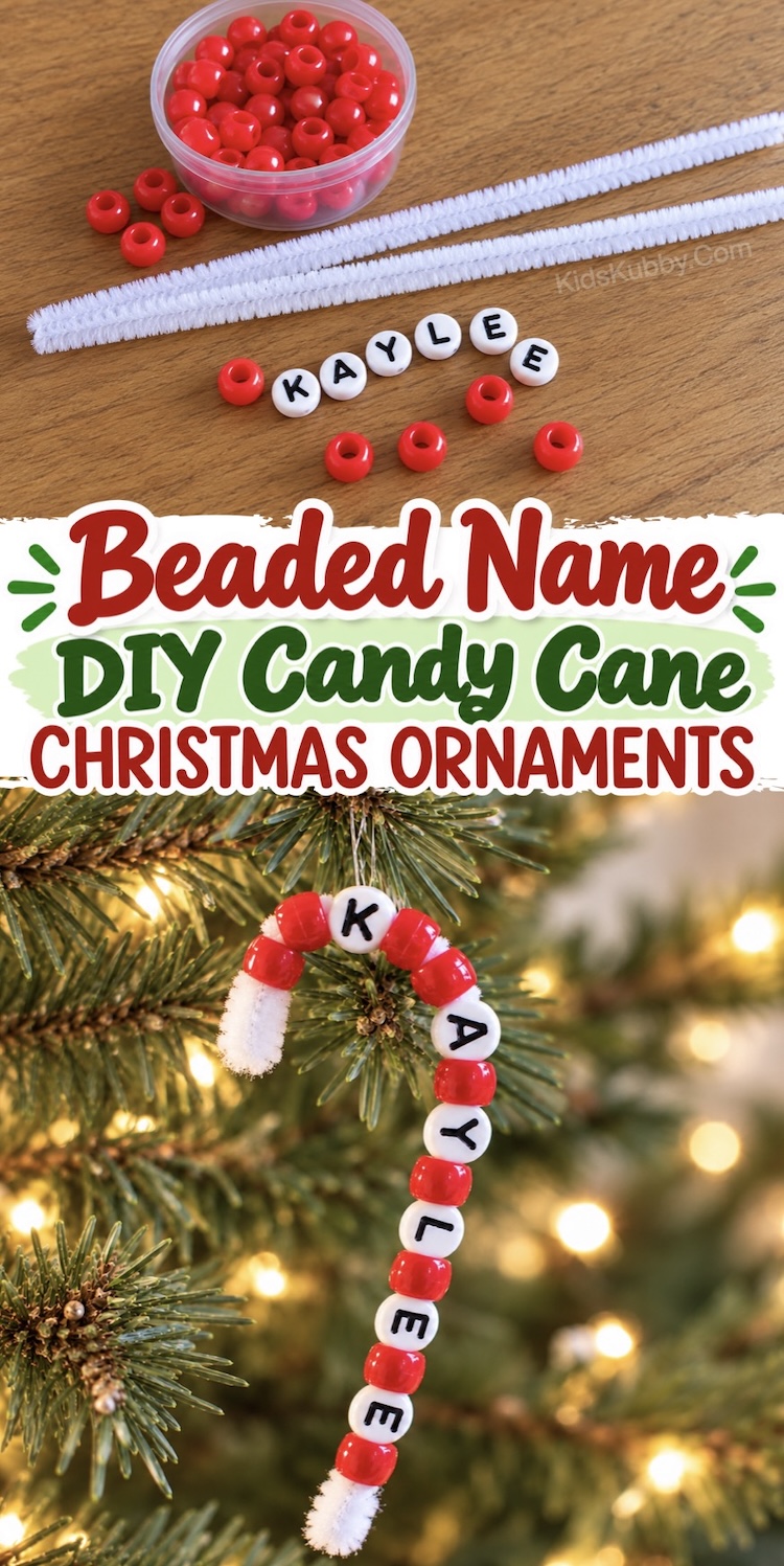 DIY Christmas ornaments for kids! This easy craft is fun to make for children of all ages and they can customize it with their name using alphabet beads, red pony beads, and a white pipe cleaner to make the cutest little candy canes to hang on the tree. A simple low mess craft for the holidays!