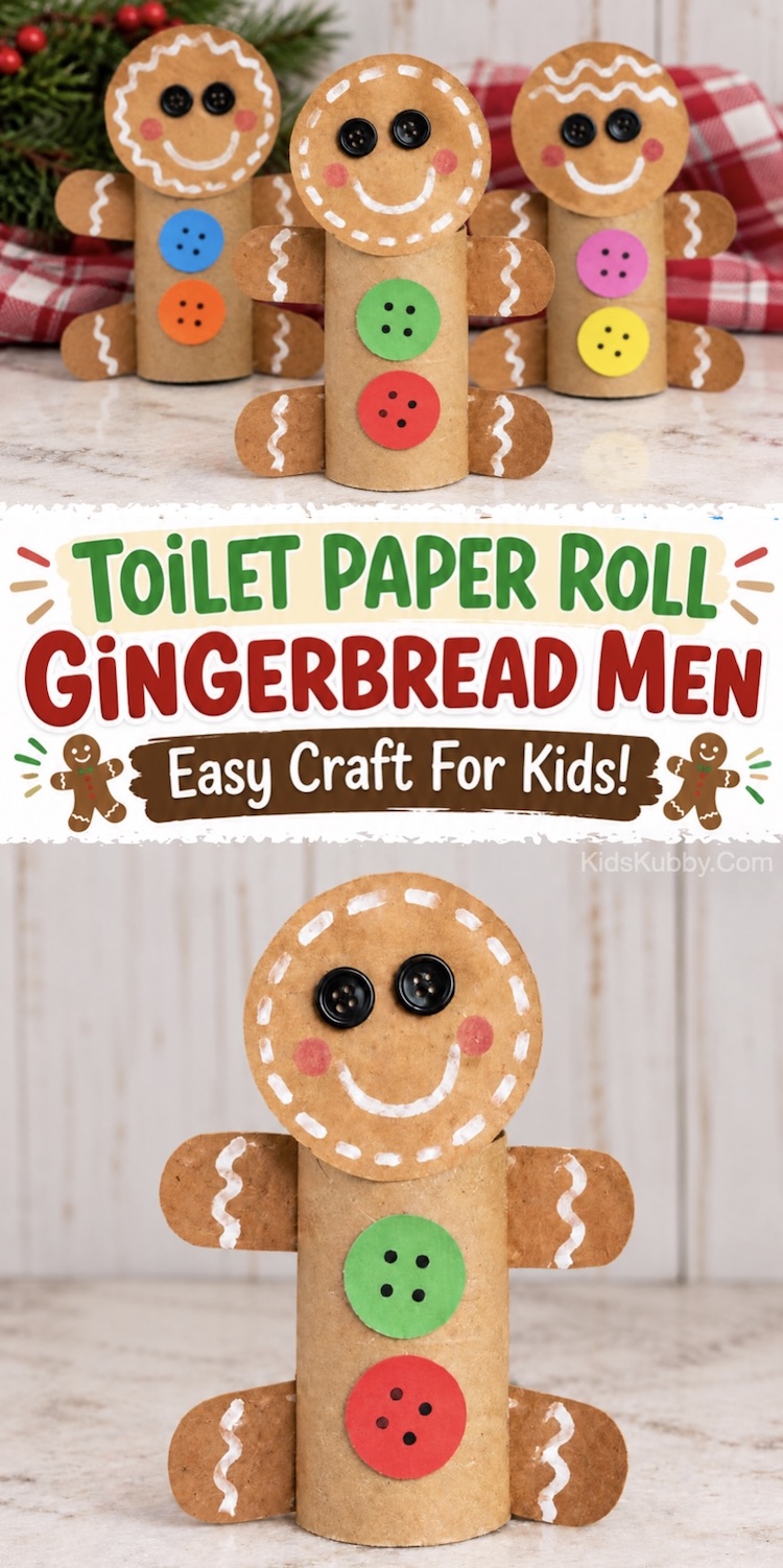 Looking for easy Christmas crafts to make at home this Christmas? Try these recycled gingerbread men! This simple yet cute craft is made with toilet paper roll tubes, and is ideal for kids of all ages. It's cheap to make with supplies you don't have to shop for!