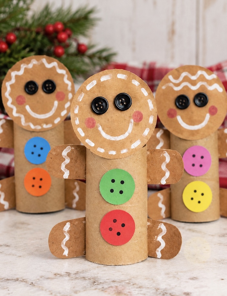 How to make an adorable gingerbread man Christmas craft with cheap recycled toilet paper roll tubes. This easy kids craft Includes a simple DIY tutorial with lots of step by step photos.