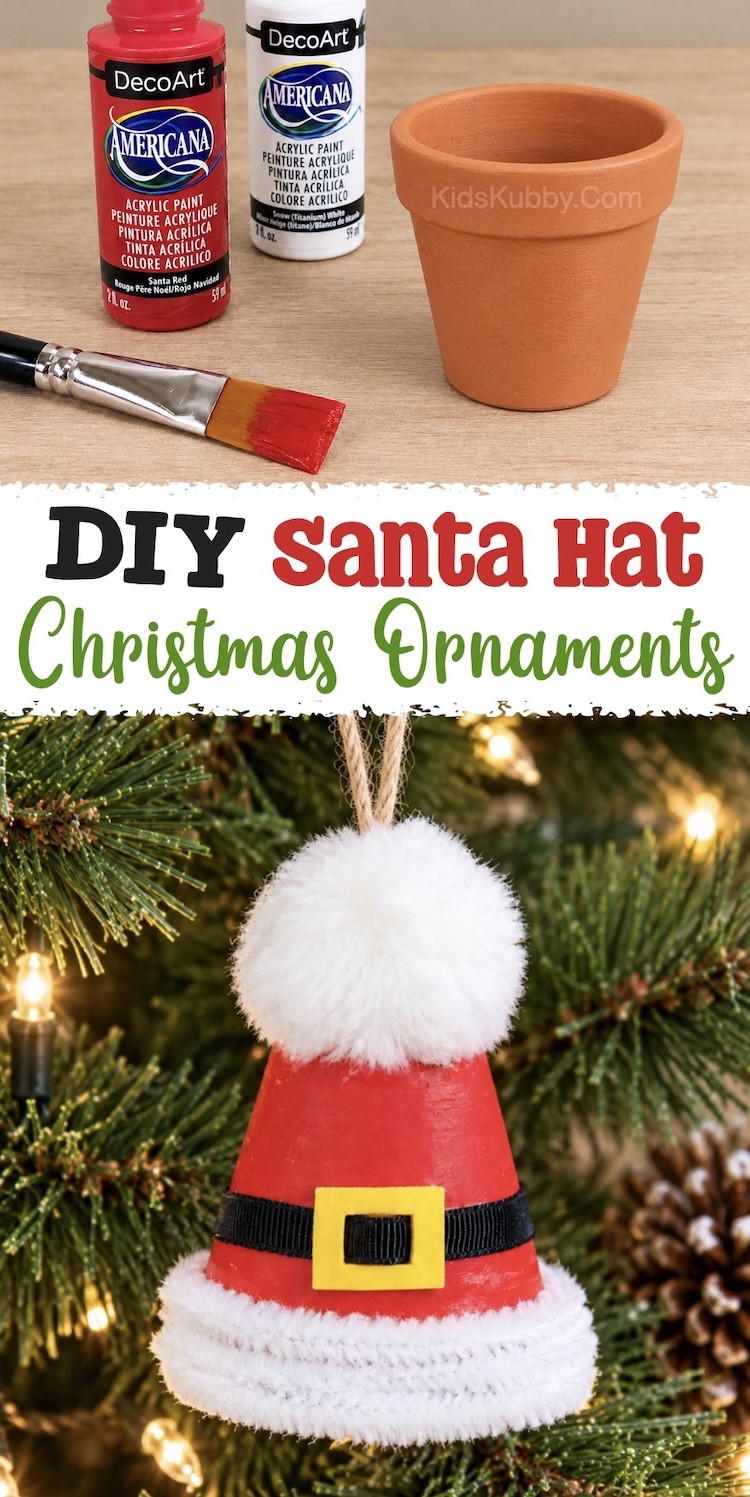 How to make DIY Santa Hat ornaments for Christmas with an easy to follow craft tutorial. This simple holiday project is fun for both kids and adults. Make them to hang in your tree or give away as gifts!