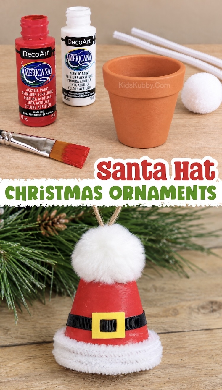 DIY clay pot santa hats are a fun and easy Christmas tree ornament idea to make at home with your kids! Simply paint then add fluffy white pipe cleaners and a Pom Pom to decorate the hat. Full step by step craft tutorial includes for this simple holiday craft project. 