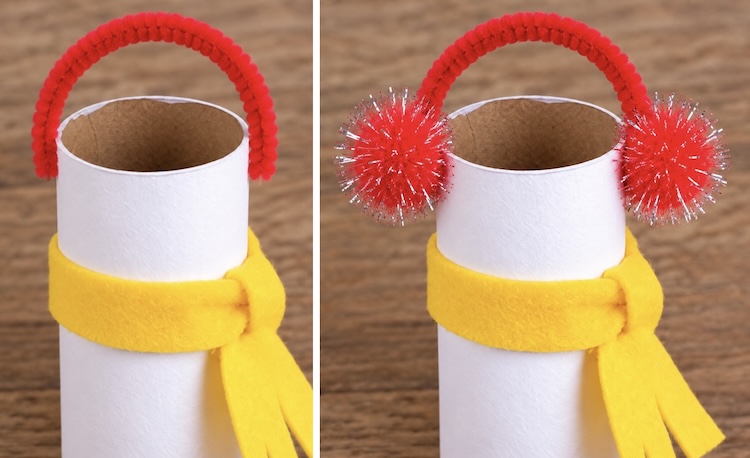 How to make cute little earmuffs with a pipe cleaner and pom poms to go on an easy snowman craft for kids.