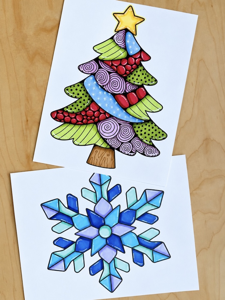 Free Christmas tree and snowflake coloring pages with a fun mosaic design for kids and adults to color! A relaxing holiday art project.