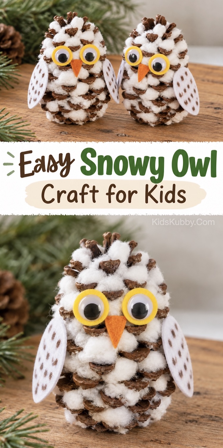 The cutest winter craft for kids! These DIY Snowy Owls are easy to make with common and inexpensive supplies including pinecones and cotton balls. A fun holiday craft to make at home with the kids. 