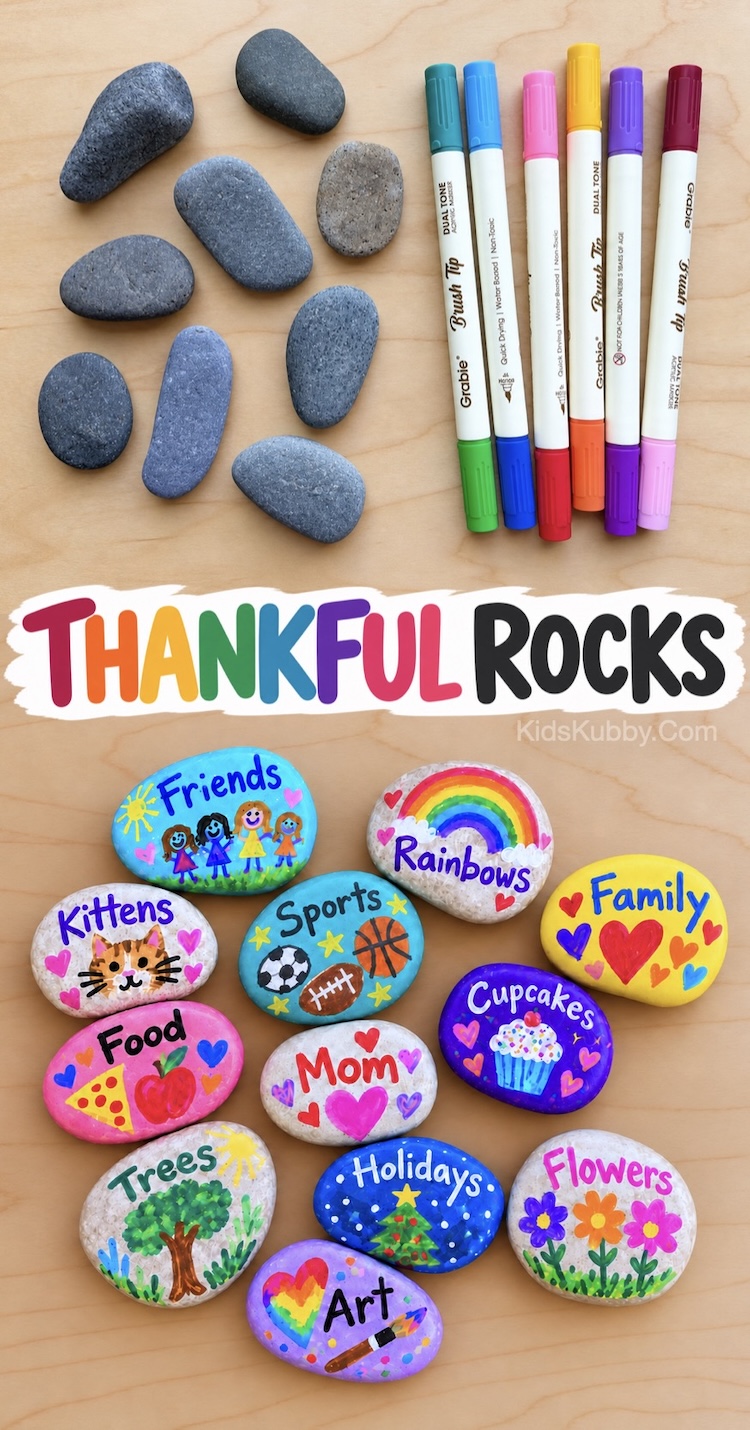 How to make thankful rocks with kids using smooth rocks and acrylic paint markers. A fun, easy, and cheap gratitude project for kids of all ages. This low mess art project is a great reminder of all of our blessings.