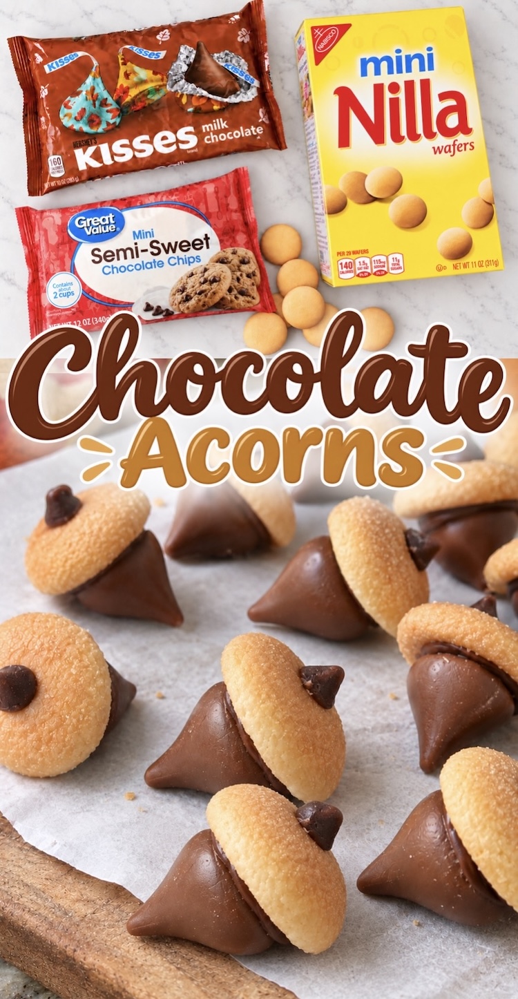 Chocolate Acorn recipe using Hershey's Kisses and Mini Nilla Wafers. An easy holiday treat to make at home with the kids! Just perfect for thanksgiving or any fall celebration. These no bake party treats are fun to make, quick to prepare, and can be made ahead of time for cute party food you can add to the dessert table.