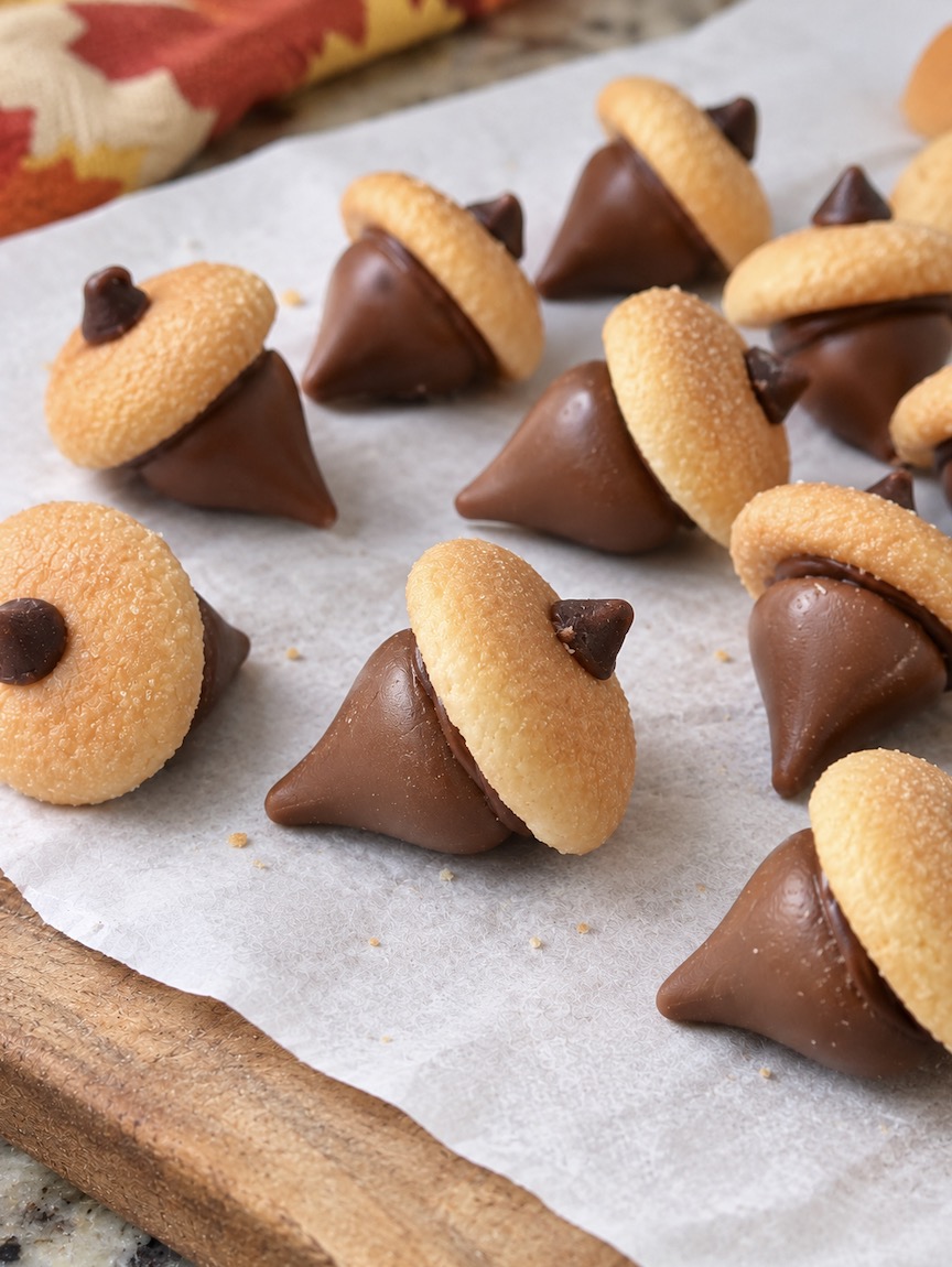Easy no bake holiday treats made with chocolate kisses and mini Nilla wafers that look like acorns when finished.