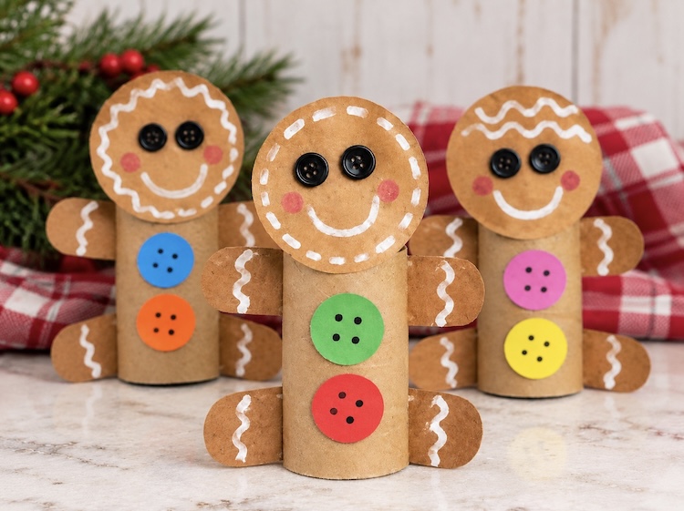 How to make an easy gingerbread man craft for Christmas using recycled toilet paper roll tubes.