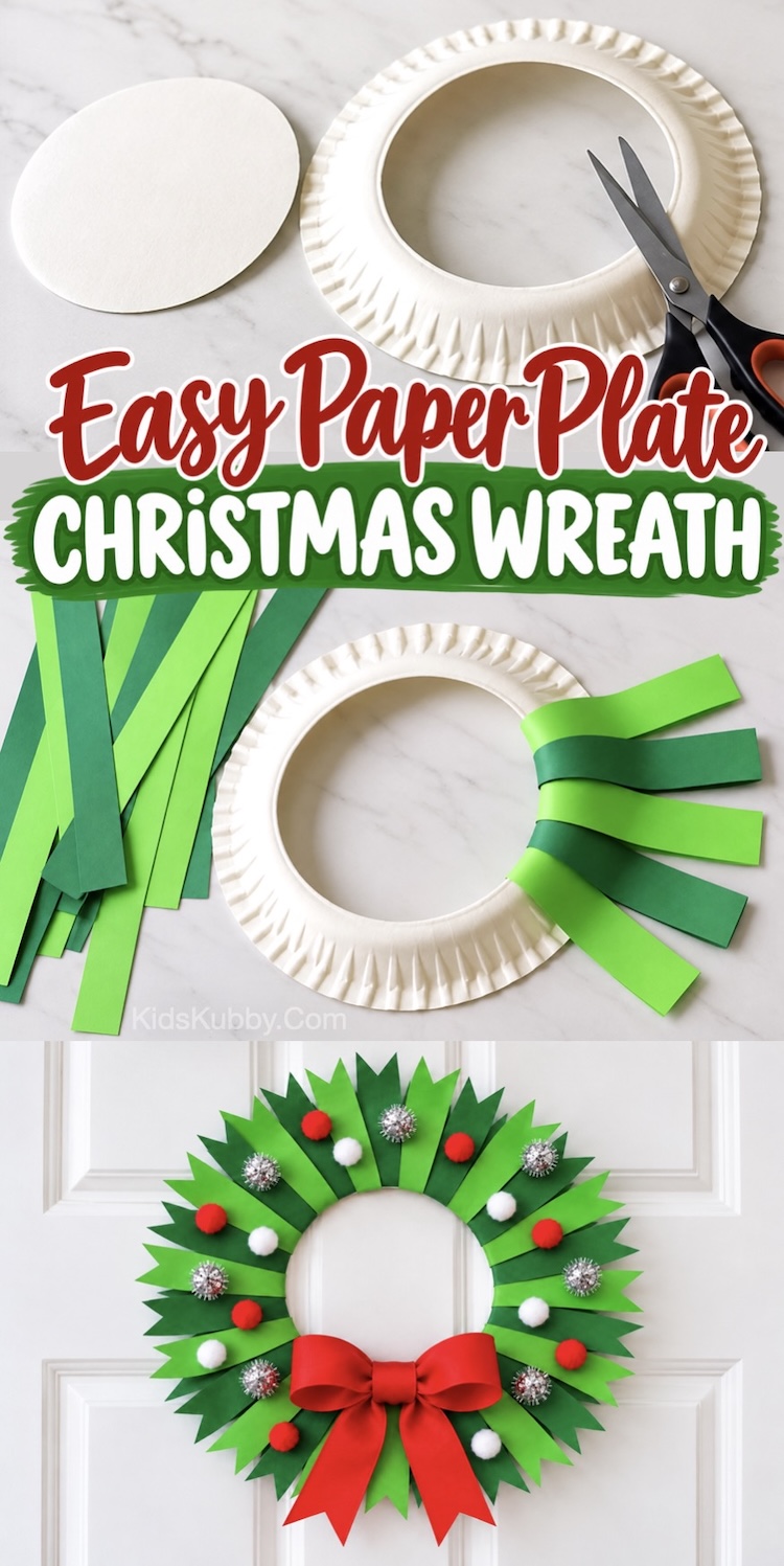 DIY Craft Tutorial - How to make a gorgeous holiday wreath for Christmas with a paper plate and green construction paper! This cheap and easy project is simple enough for kids of all ages to make. Decorate it however you'd with colorful pompoms, paper, ribbons, or anything else you have in your craft cabinet at home.
