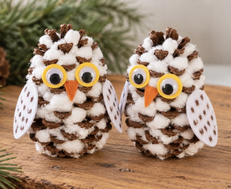Cute Pinecone Owl Craft made with cheap supplies including cotton balls and felt. 