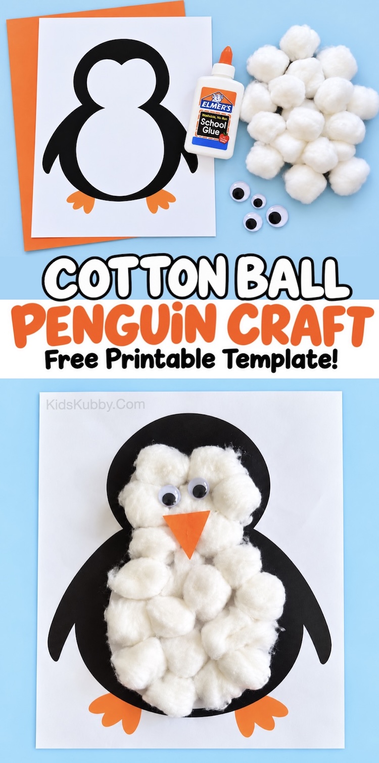 If you're looking for easy winter craft ideas for kids, your preschoolers are going to love gluing cotton balls onto this free printable penguin template to make a fluffy little belly! It's easy, fun, low mess, and great for kids to make at home over Christmas break. Ideal for 2-4 year olds still learning fine motor skills!