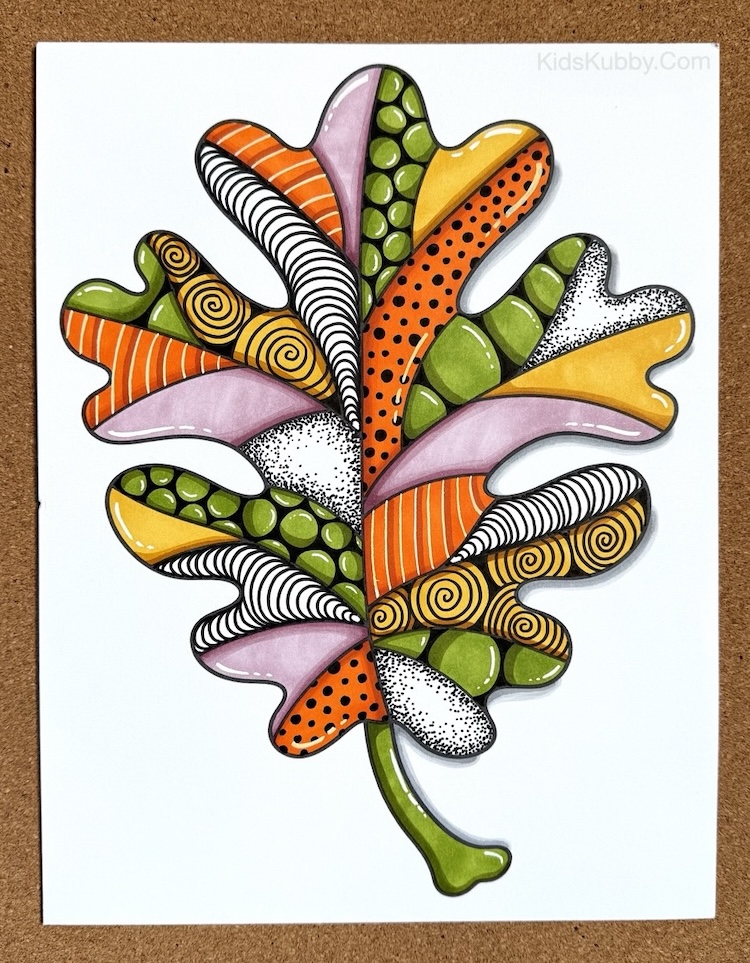 Fall Printable Coloring Pages including a fall oak leaf with a mosaic design for coloring with markers or colored pencils. A fun and simple art project for Autumn that is easy enough for both kids and adults.