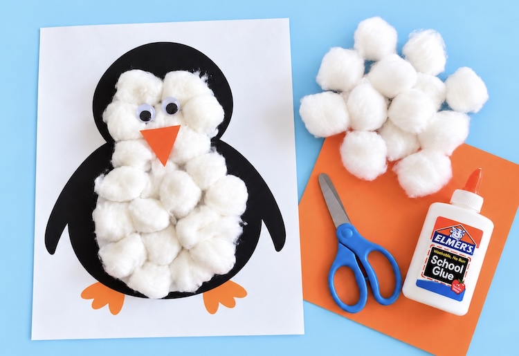 This easy winter craft includes a free printable penguin that can be filled in with cotton balls, making for a simple, low mess craft for kids, especially toddlers and preschoolers.