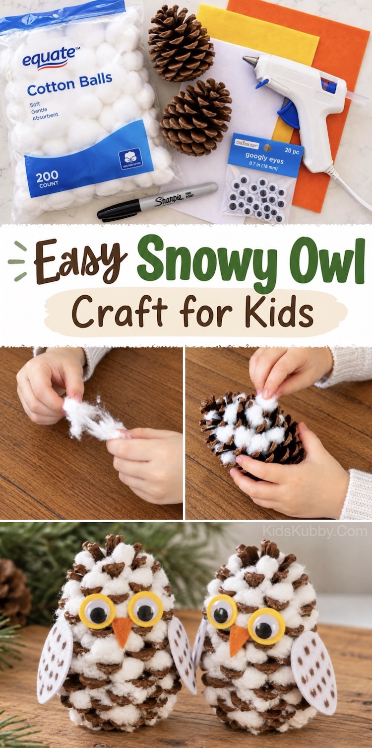 Winter pinecone craft with step by step instructions. How to make DIY snowy owls for the holidays! This easy project is made with pinecones and cotton balls for the snow. They make for cute holiday decorations or even DIY ornaments for the Christmas tree. 