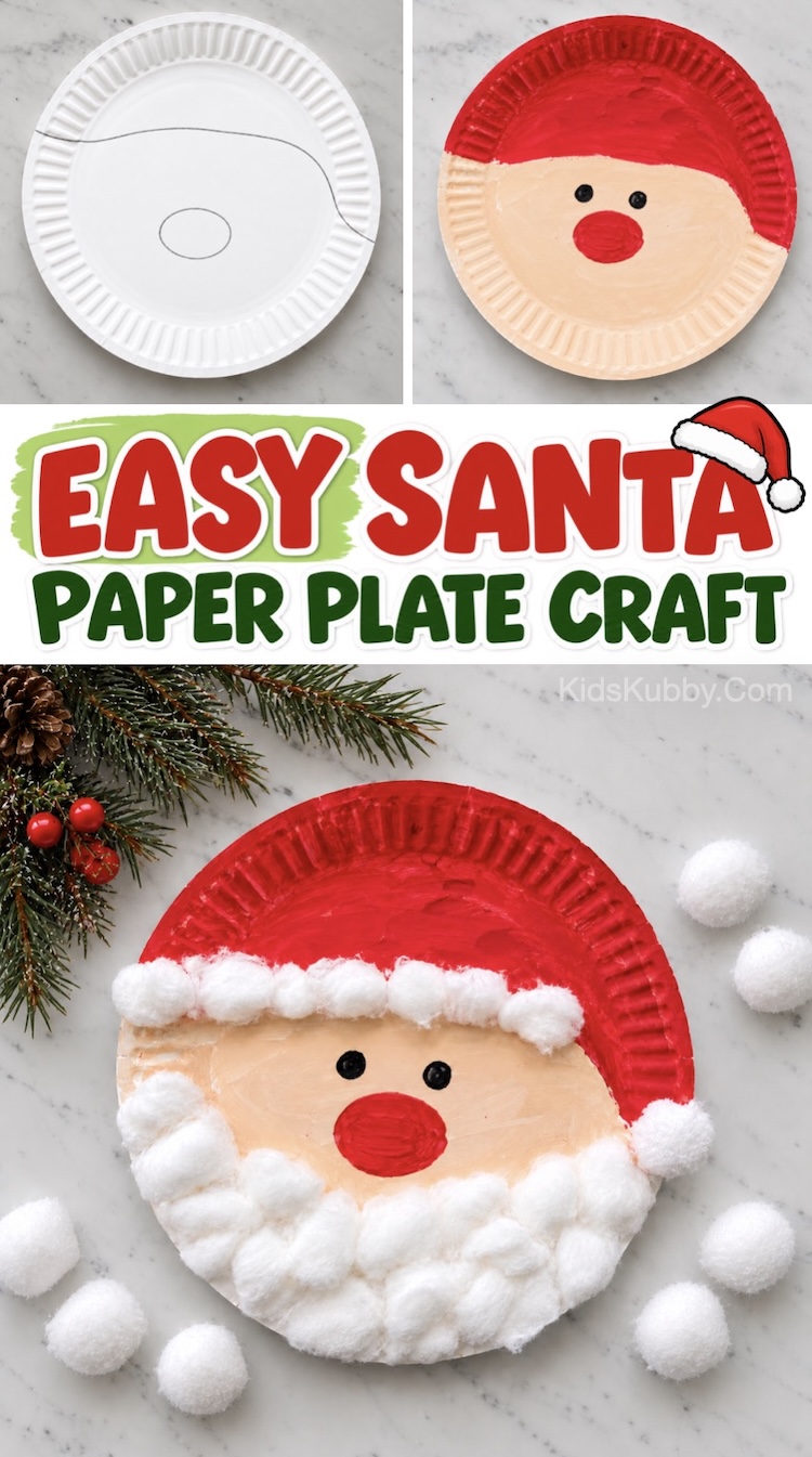 How to make the cutest fluffy beard Santa Claus craft for Christmas using cotton balls, a paper plate, and paint. This easy holiday craft is cheap to make with simple supplies! A fun project for preschoolers and kids of all ages during winter break at home. 