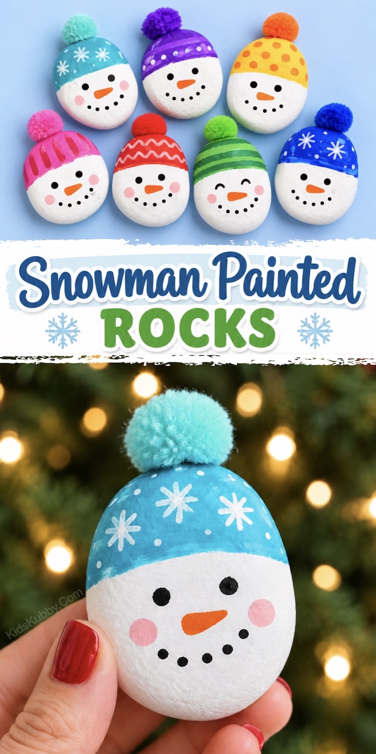 Cute Christmas craft for kids! How to make an adorable rock snowman with a fluffy Pom Pom beanie hat. This simple holiday project is perfect for winter break when the kids are bored at home! It's cheap to make using common supplies including paint markers to make all of the fun details.
