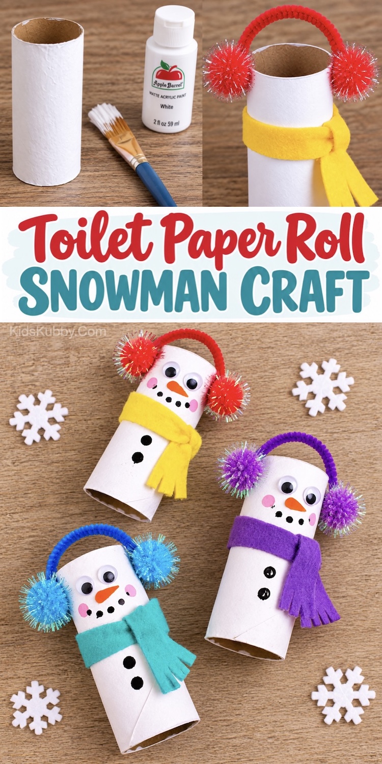 DIY Craft tutorial for Christmas. How to make a snowman with a scarf and earmuffs out of a toilet paper roll. A simple and budget friendly craft for kids to make with a full step by step tutorial.