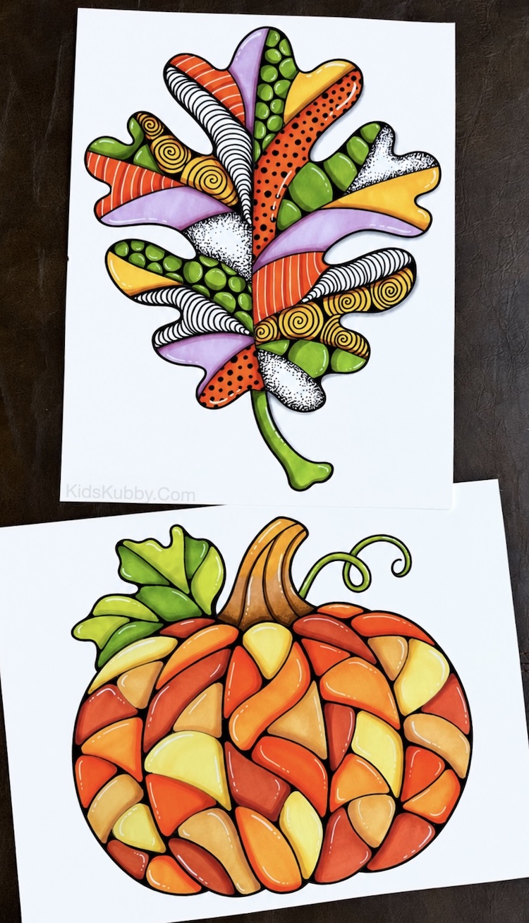 This fall art project includes two free printable coloring pages, a mosaic pumpkin and autumn leaf. Plus lots of coloring tips and tricks to make them look like stained glass. A fun fall art project for kids and adults of all ages!