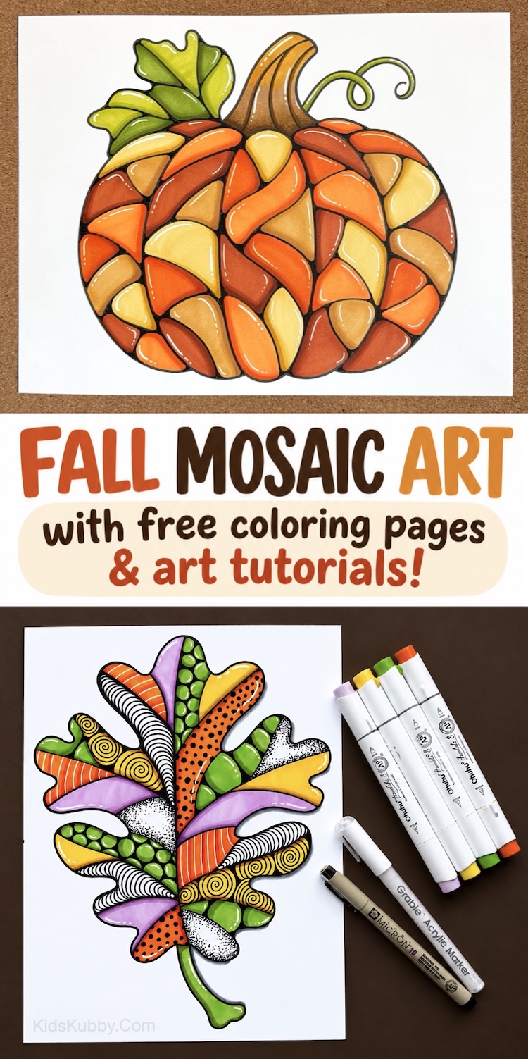 Easy fall mosaic art tutorial with step by step instructions. This fall project includes free printable coloring pages and tips and tricks on how to make your artwork look mosaic style and even like stained glass. A simple low mess art lesson for kids and adults!