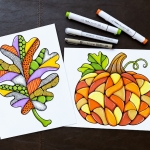 Easy fall mosaic abstract art with two free printable coloring pages including a fall oak leaf and a pumpkin. Includes a step by step art tutorial with lots of tips and tricks on how to use alcohol markers.